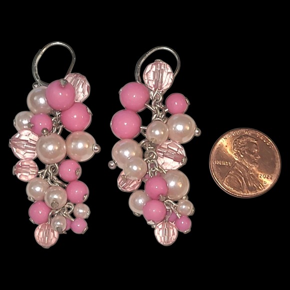 Vintage Pink Bead Cluster Dangle Earrings Faux Pearl & Acrylic - Picture 2 of 2